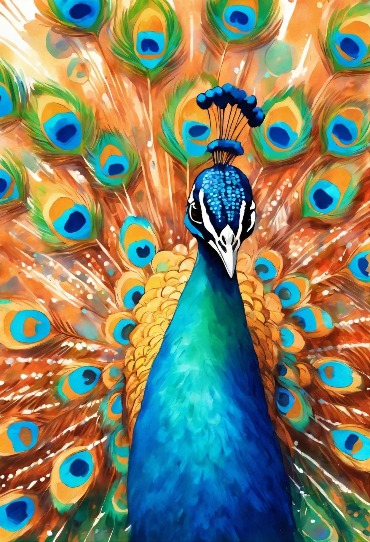 painting of a peacock with blue feathers on a white background, a detailed painting by Charlotte Harding, flickr, pointillism, peacock. intricate, peacock colors, peacock, beautiful detail and color, masterful detailed watercolor, 9 peacock tails, painted in bright water colors, 9 brilliant peacock tails, water color and pen