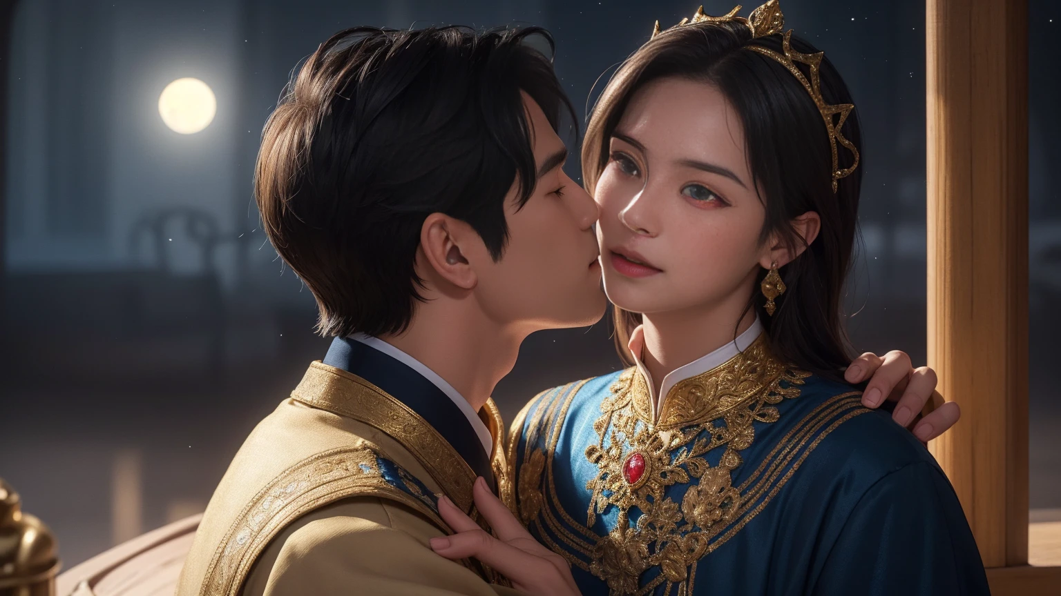 A heartwarming and lyrical scene depicts an intimate encounter between a man and a woman.。Happiness in love。tears of gratitude。steppe of central asia。Sparkling in the moonlight、By the swaying Ili。Creates a fantastic and romantic atmosphere。The couple is embracing each other in bliss。 The man is tall and has dark hair that frames his striking face.。The man is the crown prince of the Turkic nomadic empire.。The man is wearing an ultramarine outfit intricately embroidered with gold thread.。This is the costume that proves he is the Crown Prince.。The women are ordinary people of the oasis and wear Uighur traditional clothing.。The woman from Turpan in the Takmalakan Desert is delicate and .。Show off your radiant beauty with flowing, light-colored hair。 their pure love、Emphasis is placed on transcending class and culture.。 This magical moment captures the essence of their love。Evokes a sense of purity, sweetness and singleness。Persian miniature、Reminiscent of Gustave Moreau's style、delicate、beautiful、Exotic, luxurious and full of profound charm。