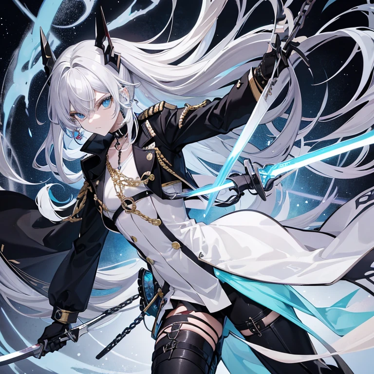 an androgynous person with long white jellyfish hair her eyes are blue-ish grey, have a lot of titanium piercings and bracelets, wears chain choker, wears a black military uniform, her weapons are knives, spears, and swords. she also wears brass knuckles.