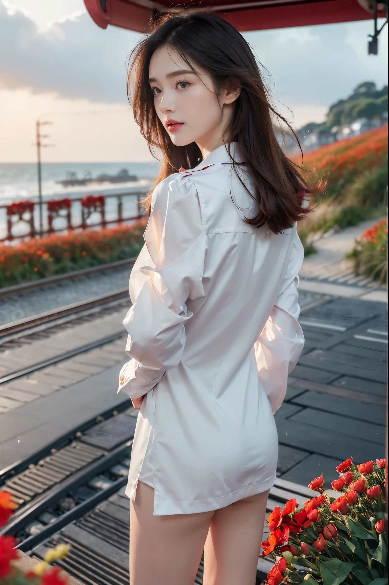 ((((8k))),((Extremely meticulous CG)) ,(wallpaper),16k,((Extremely refined and beautiful)),(((Masterpiece))),(((best qualtiy))),(((Ultra High Resolution))),beautiful light up,realistic shaded,(Smooth and flawless fair skin:1.5),(pale skin:1.3),(Extremely exquisite facial details:1.2),(perfect body:1.1),(ultra-detailed:1.5),((A beautiful girl,solo)),(small head:1.2),(shoulder-length straight bob hair:1.2),(small face:1.2),(baby face:1.3),(Exquisite makeup:1.2),(small breasts:1.2),(flat chests:1.2),((slim,thin)),(laughing:1.2),(happy:1.2),(collared shirt:1.3),(long sleeves:1.2),(underwear:1.2),(slender legs:1.3),(sneakers:1.2),(day scene:1.2),(cloudy:1.2),(light rain:1.2),(outdoor:1.2),(early spring:1.2),(At the seaside train station full of red flowers:1.5),(On the platform:1.2),(colorful train:1.3),(detailed seaside background:1.5),(standing:1.3),(upper body:1.3),(from back:1.3),(from below:1.2)