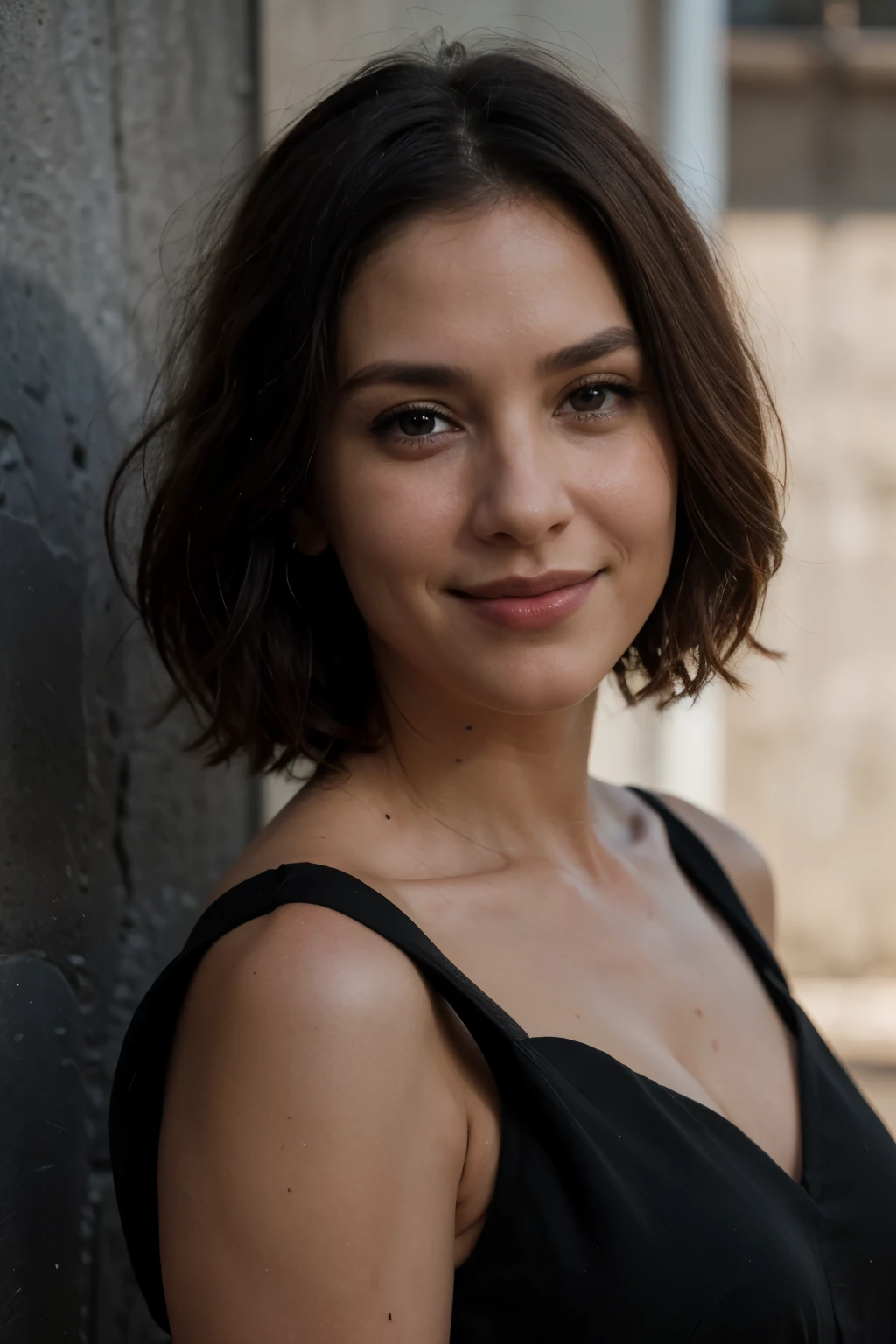 RAW photo, face portrait photo of beautiful 36 y.o woman, cute face, wearing black dress, happy face, hard shadows, cinematic shot, dramatic lighting