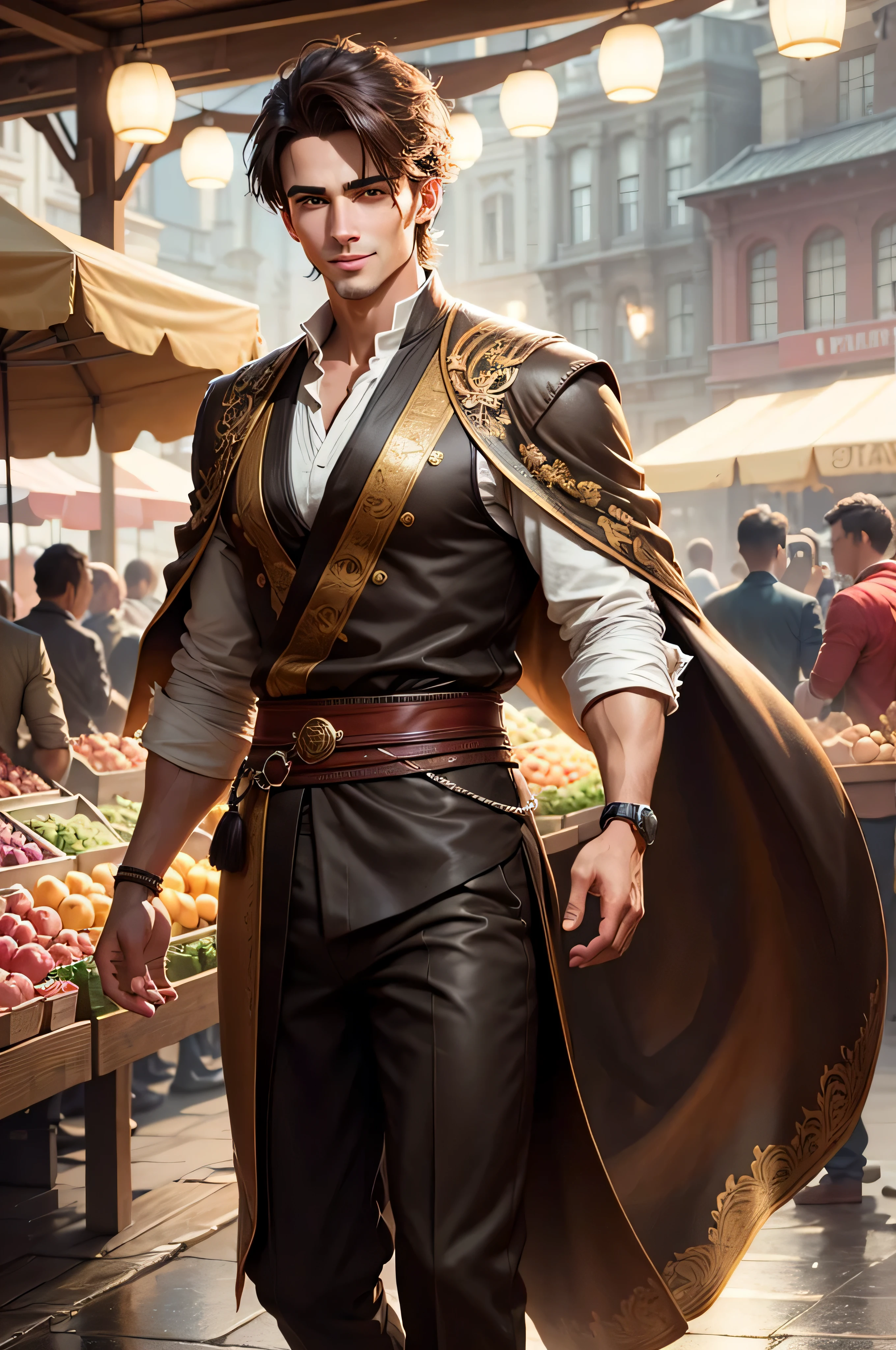 handsome young man in a market place, confident smile, volumetric lighting, 8k resolution, photorealistic, ultra-high quality, opulent detailed background, medium length dark brown hair, messy ponytail, wearing a long cotton robe, dark brown long pants, full body, battle