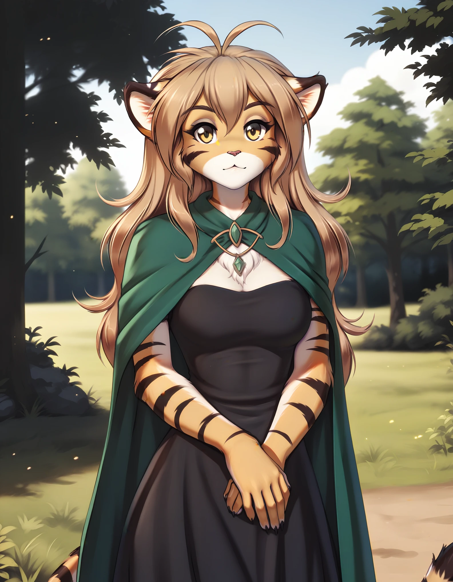 tkflora, felid, keidran, mammal, pantherine, tiger, flora_(twokinds), flora_twokinds, twokinds, personalami, rating:safe, anthro, breasts, by tom_fischbach,, (best quality, masterpiece:1), solo, furry female anthro, yellow eyes, long hair, brown hair, portrait, fingers, finger claws, looking at viewer, tiger tail, (outdoors dark forest trees blurry blurred background:1.1), antenna_hair, green cape