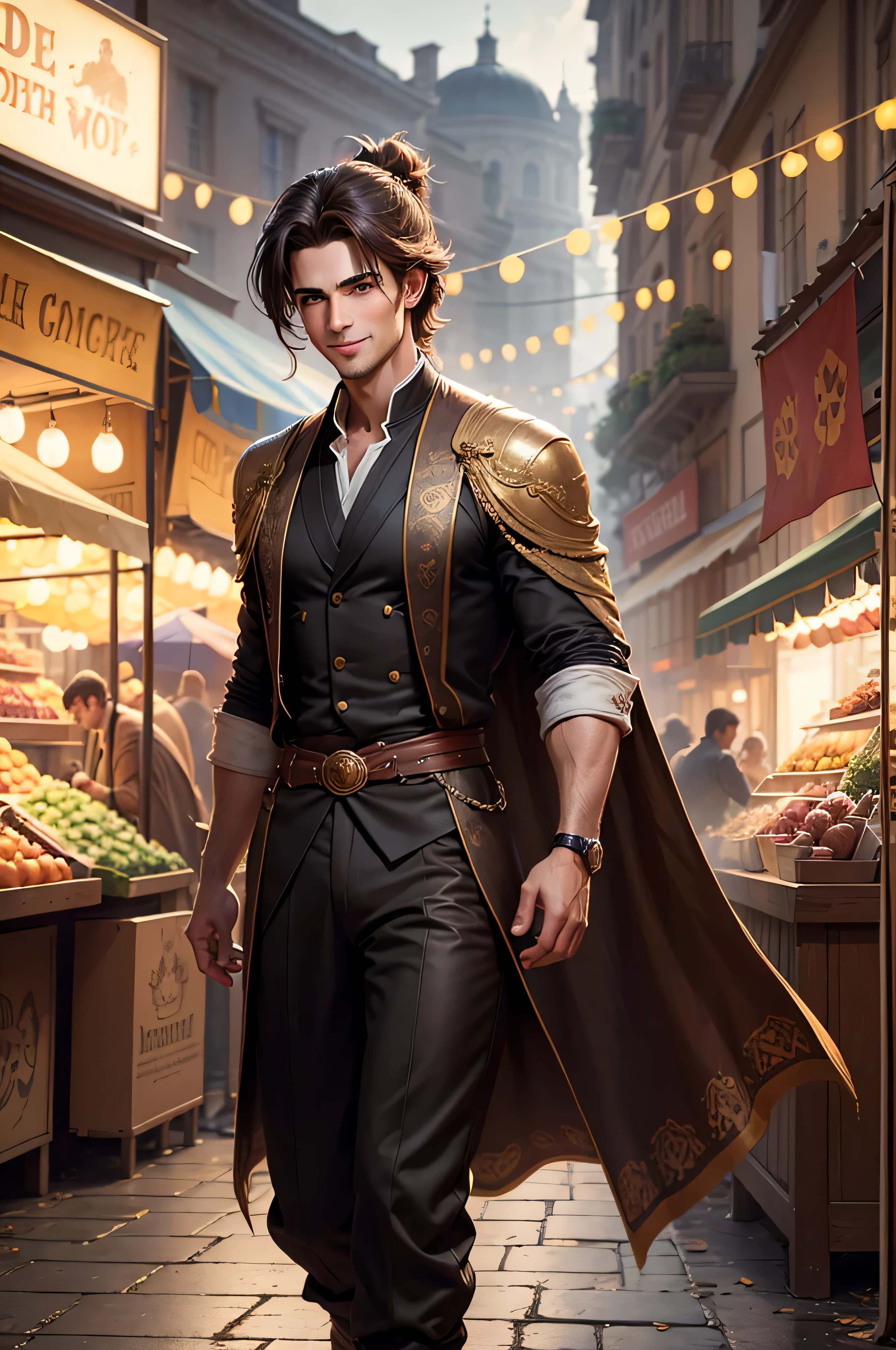 handsome young man in a market place, confident smile, volumetric lighting, 8k resolution, photorealistic, ultra-high quality, opulent detailed background, medium length dark brown hair, messy ponytail, wearing a long cotton robe, dark brown long pants, full body, battle