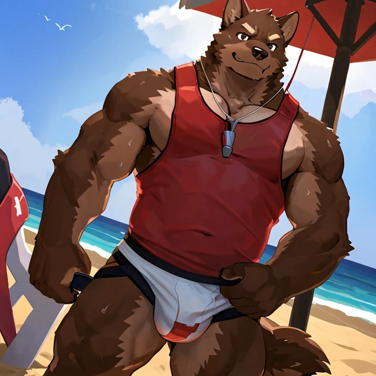 POV,top angle,sleep on stomach,lats,trapezius,butt lift,kemono, anthro (brown dog), male, (brown dog), muscular, back, red body, white belly ,sweat, ((correct anatomy)), stand near  lifeguard chair,  lifeguard chair, beach, perfect beach background, 1 boy, solo, wearing jockstrap, pain expression, canine tooth, hd, dark shadows, wide dynamic range, hdr, low light:1.2, front view, full body, canid, canine, canis, domesticbrown dog mammal, nordic sled brown dog, fullbody, full res, smile, lifeguard, wearing Tank top, full body, side view, full view, whistle