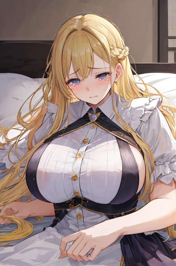 A woman with big ,Gorgeous woman,mature((Idol)),long blonde hair,exquisite,in the bedroom,lying down,shed tears,Fear,Protruding lower chest,