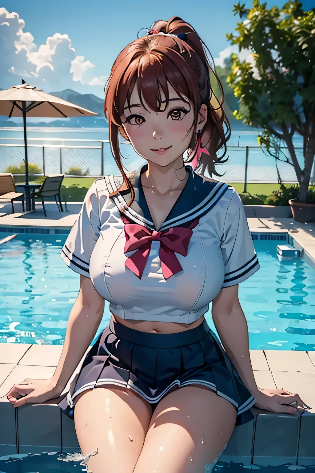 (highest quality,4k,8K,High resolution,masterpiece:1.2), Super detailed, sitting by the pool,turn your arms behind your back,Submerge your knees in pool water、takami chika, Sailor Top, school skirt, abdomen,  Smiling with a little excitement, , thighs, cowboy shot, ponytail hair, ,wet clothes, pink eyes ,big breasts 