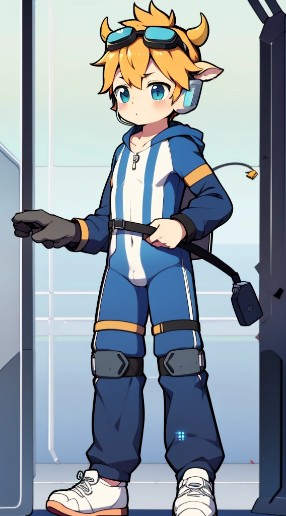 2D boy Shota,One-piece mountaineering suit,Put the headphones on your head,standing,goggles,horns,cow ears,sports shoes