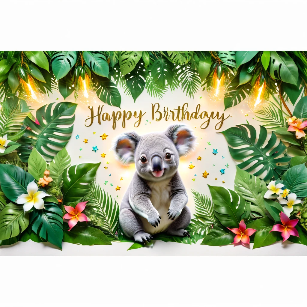 a close up of a Birthday card with a koala bear surrounded by tropical leaves, Birthday, happy Birthday, Clematis themed banner, Jungle vines and fireflies, Tropical lighting, Plant rainbow background, in the jungle, 2 0 s, 3 0, forest background, F32, f 3 2, happy, f 2 0, White background