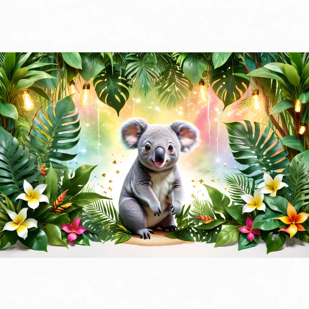 a close up of a Birthday card with a koala bear surrounded by tropical leaves, Birthday, happy Birthday, Clematis themed banner, Jungle vines and fireflies, Tropical lighting, Plant rainbow background, in the jungle, 2 0 s, 3 0, forest background, F32, f 3 2, happy, f 2 0, White background