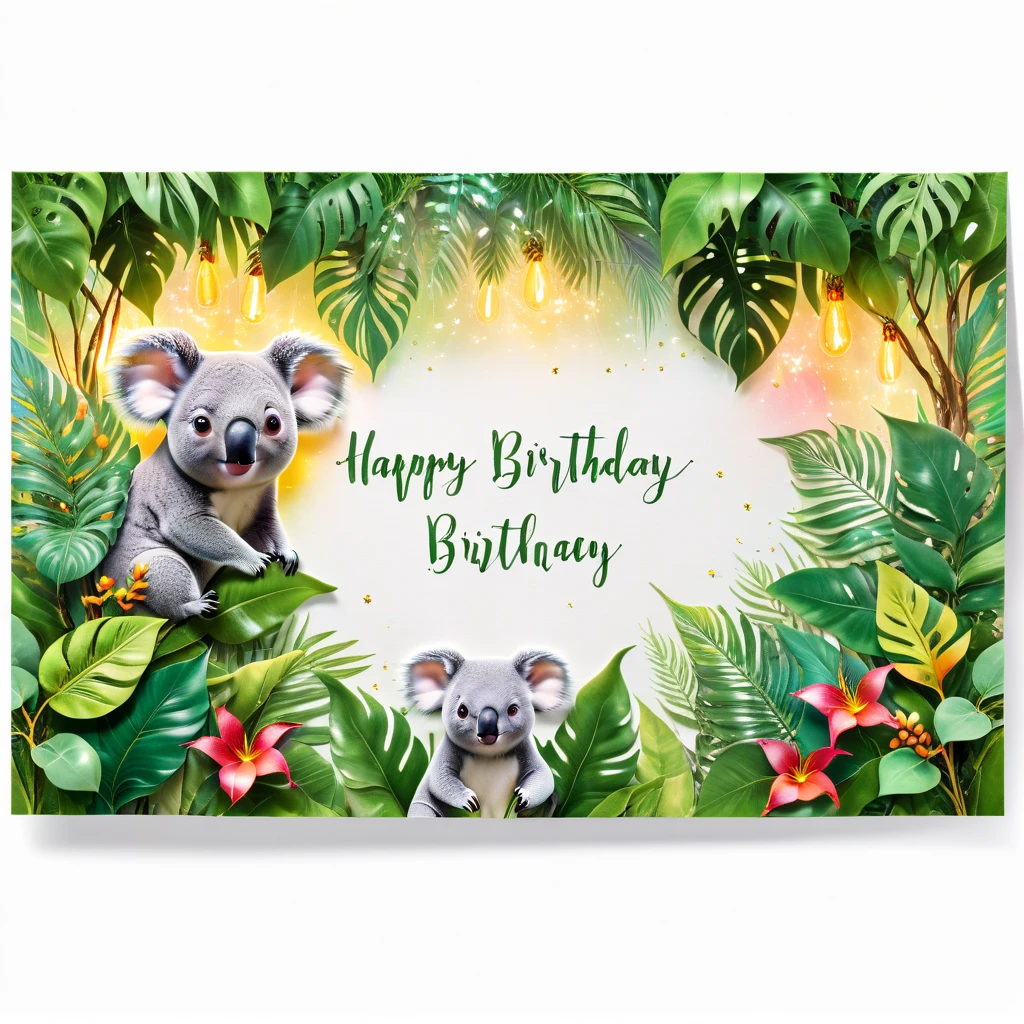 a close up of a Birthday card with a koala bear surrounded by tropical leaves, Birthday, happy Birthday, Clematis themed banner, Jungle vines and fireflies, Tropical lighting, Plant rainbow background,  in the jungle, 2 0 s, 3 0, forest background, F32, f 3 2, happy, f 2 0, White background