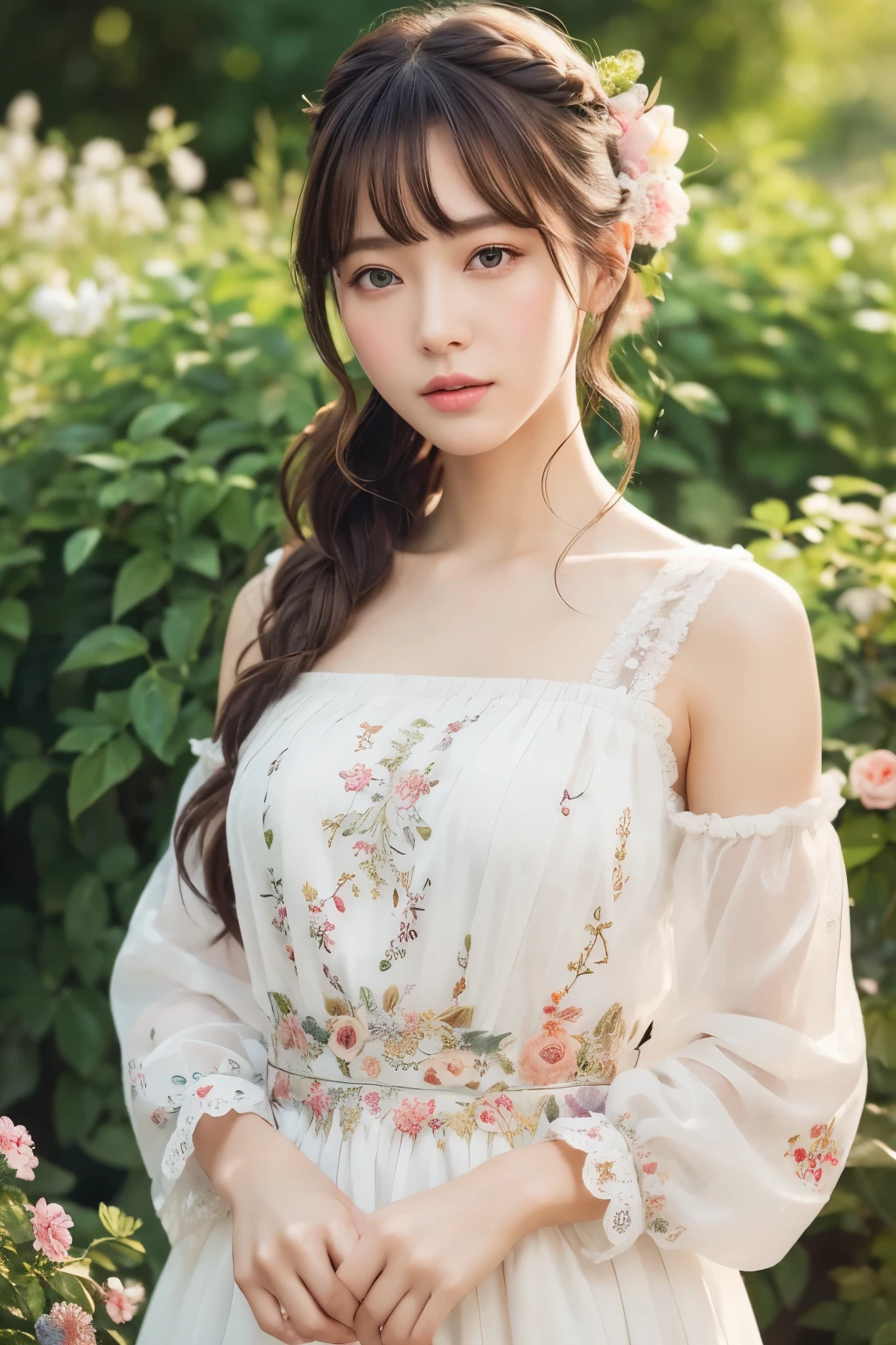 focus on people。Realistically expressing the most dazzling composition of a person。((masterpiece))、(((highest quality)))、((super detailed))、(surreal)、(Highly detailed CG illustration)、(very delicate and beautiful)、The girl is a masterpiece、highest quality、realistic skin feel、realistic fabric、Here is a realistic illustration of a girl with realistic and super detailed eyes, centered on the front..。this is the absolute rule, And the next sentence describes the image quality。 The greatest painter in human history meets unparalleled beauty、This is the greatest masterpiece in the history of Inukui Ichigo., The most beautiful portrait of her life.。 Create stunning anime artwork that&#39;s currently trending with seaStation、Showcasing exquisite beauty and captivating aesthetics。hair tied up、White peasant dress with detailed floral embroidery、The background is outdoors