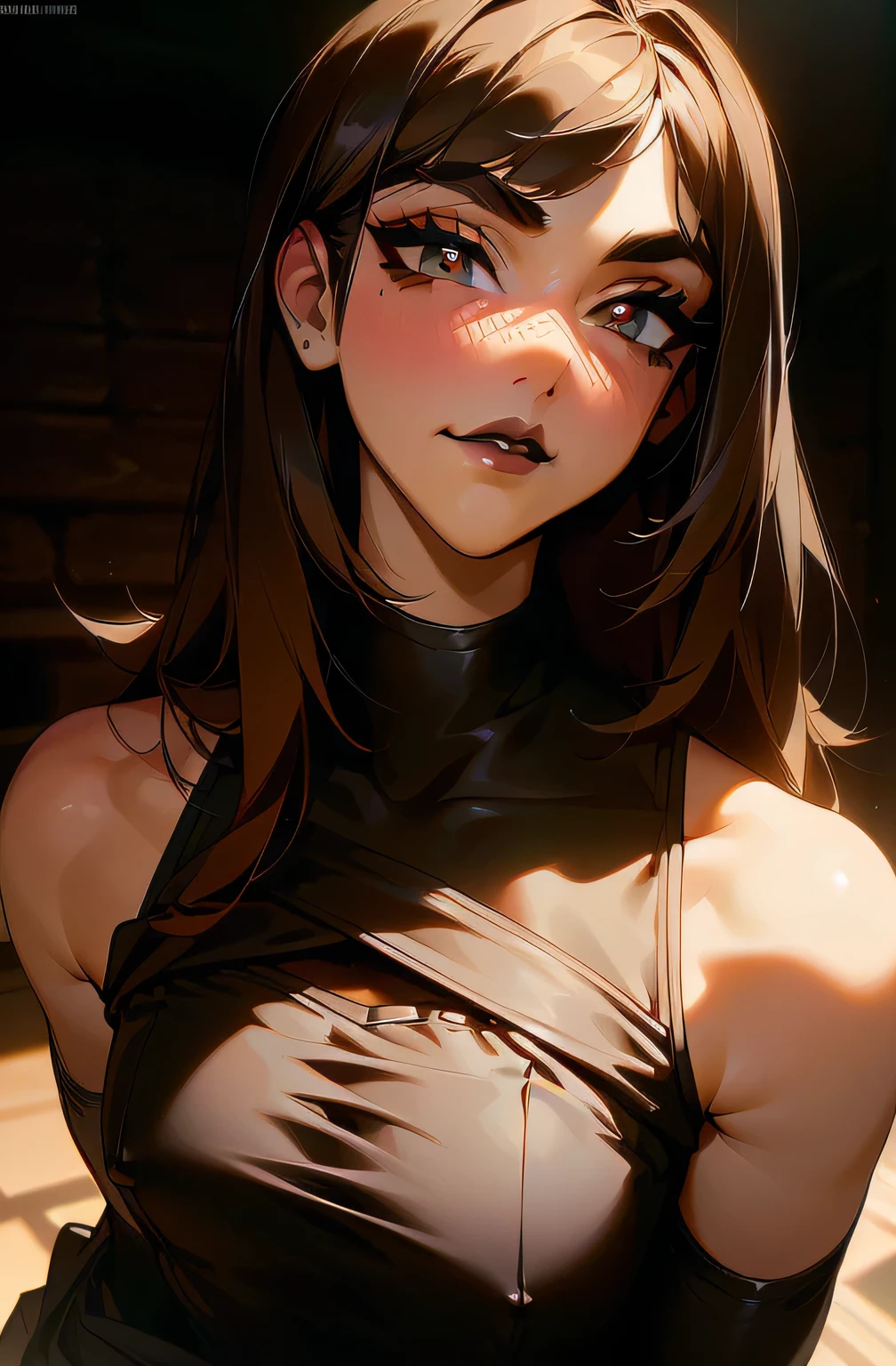 8k, masterpiece, highest quality, best quality, official art, beautiful and aesthetic, extremely detailed, (fractal art: 1.3), colorful, highest detailed, perfect face, upper body, HDR, sexy, wide hips, thicc figure, Detailed face, Detailed eyes, brown eyes, perfect face, perfect eyes, ( 1femboy, 1 female 1girl, trans, futa, futanari, big ass, slim waist, pretty face, long brown hair, sharp jawline, she is sexy, she is beautiful, she has black eyeliner, she has makeup, she has a girly face, she is tanned, she has big , she is blushing, she wears blush, hips wider than shoulders, slim torso, black lipstic, e-girl makeup, blushing, pretty, sharp jawline, browm eyes, cute, thigh high socks, goth clothes, black skirt, black crop top, black lipstick, black eyeliner, cute smile, Goth, goth makeup, goth clothes, brown hair, wolf cut, bulge, bulge in underwear, genitalia outline, penis bulge, bug julge in pants