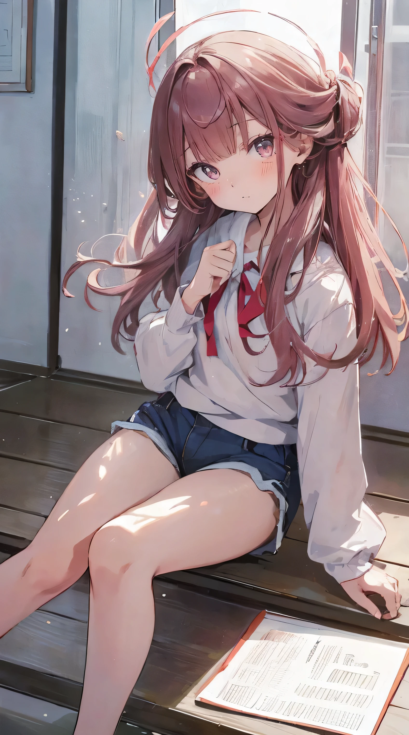 master piece、Highest image quality、highest quality、 ((panic))、glossy hair quality、small face、sitting、Super detailed and beautiful bright eyes、Super detailed clear and beautiful face、(cute illustration:1.2), High-resolution, ultra-detailed, best quality, embarrassed、(Gaps in shorts)、(cute underwear)、physical education sitting