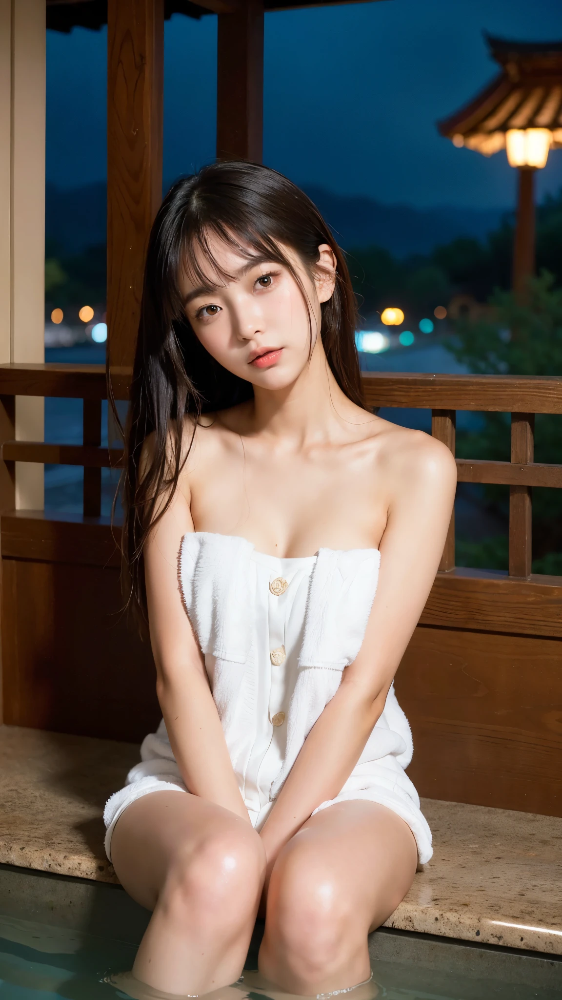 (night:1.7), east asian architecture, 1 female,sitting on the tatami, brunette colored hair，（hair between the eyes）, lip flap,  (:1.3),(beautiful shiny straight short long:1.3),beautiful fingers,beautiful long legs,beauty body，cute nose，beautiful character design，perfect eyes，Perfect face，looking at the viewer，（innocent_big_eye：1.0），（light_笑face：0.3），official art，Highly detailed CG Unity 8K wallpaper、bright_front_face_lit，（master piece:1.0),(Highest_quality:1.0), 超A high resolution,4k,super detailed, photo shoot, 8K, nffsw, High resolution, absurd:1.2, kodak portrait 400, film grain,  lens flare glow,  (beautiful_face:1.5),8K,Raw photo, 、Relax in a Japanese hot spring inn、(The subject is the first hot spring trip with a girl:1.3) (Draw an open-air bath more widely:1.2) (girls are not subjects:1.3) The hotel room is messy　(Girl standing on balcony:1.3) (hair after bath:1.3),((I was naked and placed a small handkerchief towel next to him.:1.3)) ,(hair is wet:1.3),((beautifully depicts depth and width:1.3)),((An open-air bath surrounded by a Japanese garden and giant rocks, With just two small lights.:1.3)),((You can see a beautiful starry sky.:1.3))(Hide your erogenous zones with a small handkerchief towel in the open-air bath:1.2)(girls are not subjects:1.3),((white and soft skin:1.3)),(((Looks like a whole body:1.3))(We have beds for sex.:1.2)the girl is naked in bed((The open-air bath is a wooden bathtub surrounded by large natural stones..:1.3))