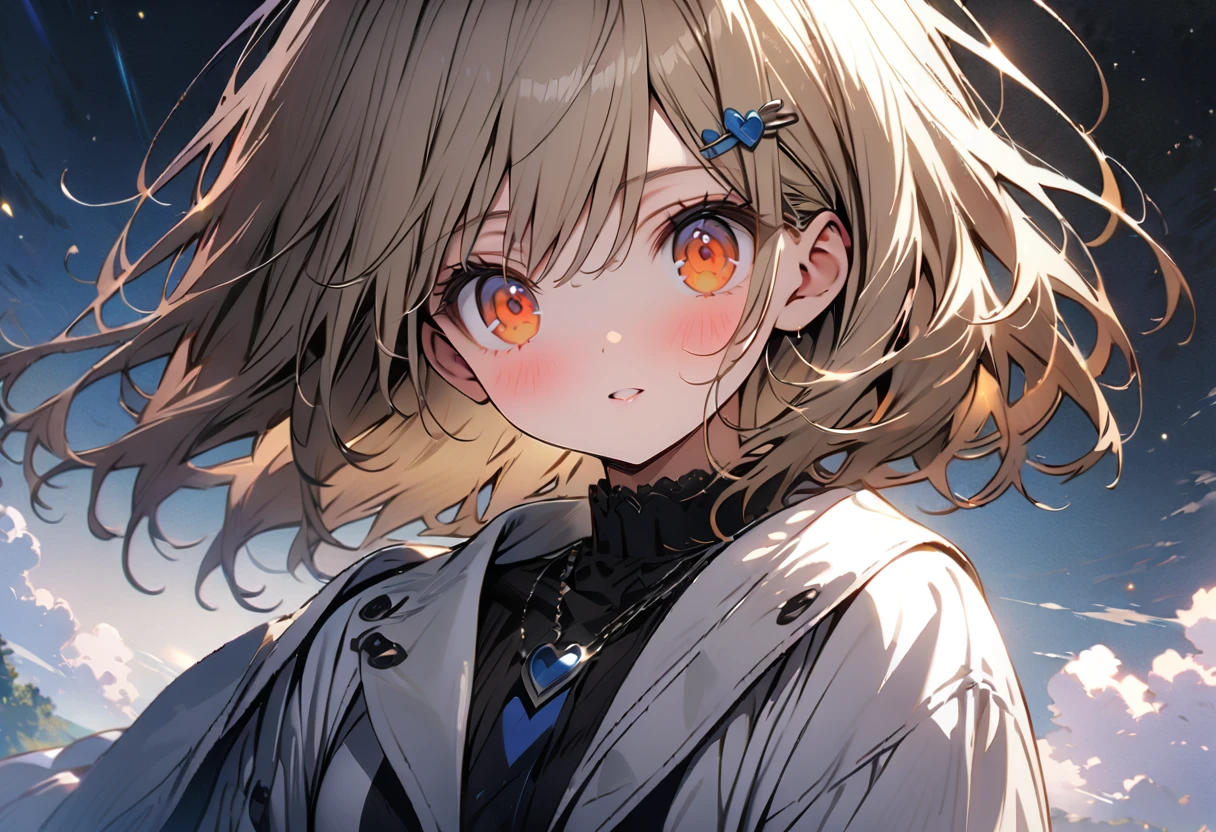 ((masterpiece)), ((highest quality)), ((High resolution)), ((Highly detailed CG integrated 8k wallpaper)), (She have long blonde hair with half up side tails and orange eyes:1.4), beige blazer, and thin red ribbon across chest and white shoulder less dresses, (Her friend have short bob silver hair, dark blue eyes:1.4), white blazer, big blue ribbon on the chest, cute, (two persons:1.4), white blubbery coat, (upper half of body), ((masterpiece, top quality, very detailed)), anime, girl, skirt , dumpy coat, (short silver hair, indigo eyes), white blazer and large light blue ribbon across chest, close friends, lovers, two people, masterpiece, best quality, extremely detailed, anime, girl, skirt , fantastic midnight , dreamy, Two hairpins in the front
