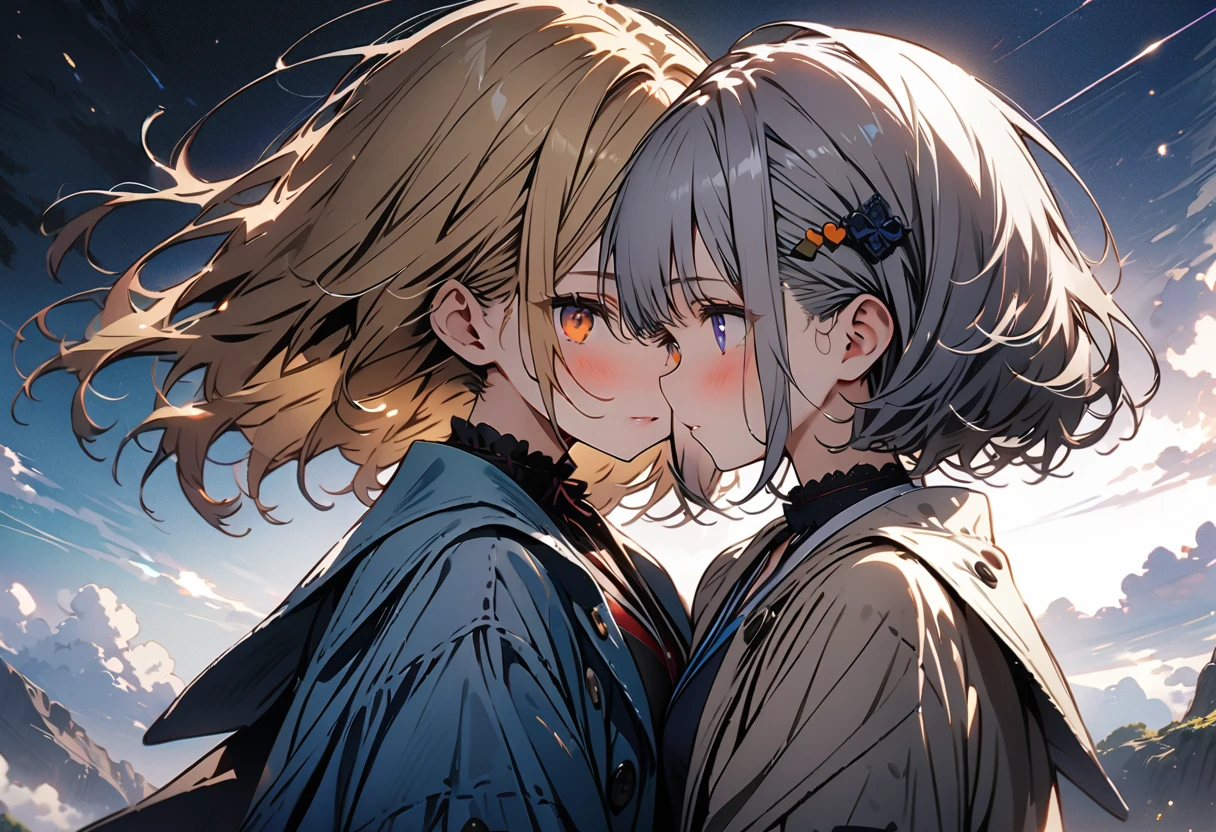 ((masterpiece)), ((highest quality)), ((High resolution)), ((Highly detailed CG integrated 8k wallpaper)), (She have long blonde hair with half up side tails and orange eyes:1.4), beige blazer, and thin red ribbon across chest and white shoulder less dresses, (Her friend have short bob silver hair, dark blue eyes:1.4), white blazer, big blue ribbon on the chest, cute, (two persons:1.4), white blubbery coat, (upper half of body), ((masterpiece, top quality, very detailed)), anime, girl, skirt , dumpy coat, (short silver hair, indigo eyes), white blazer and large light blue ribbon across chest, close friends, lovers, two people, masterpiece, best quality, extremely detailed, anime, girl, skirt , fantastic midnight , dreamy, Two hairpins in the front