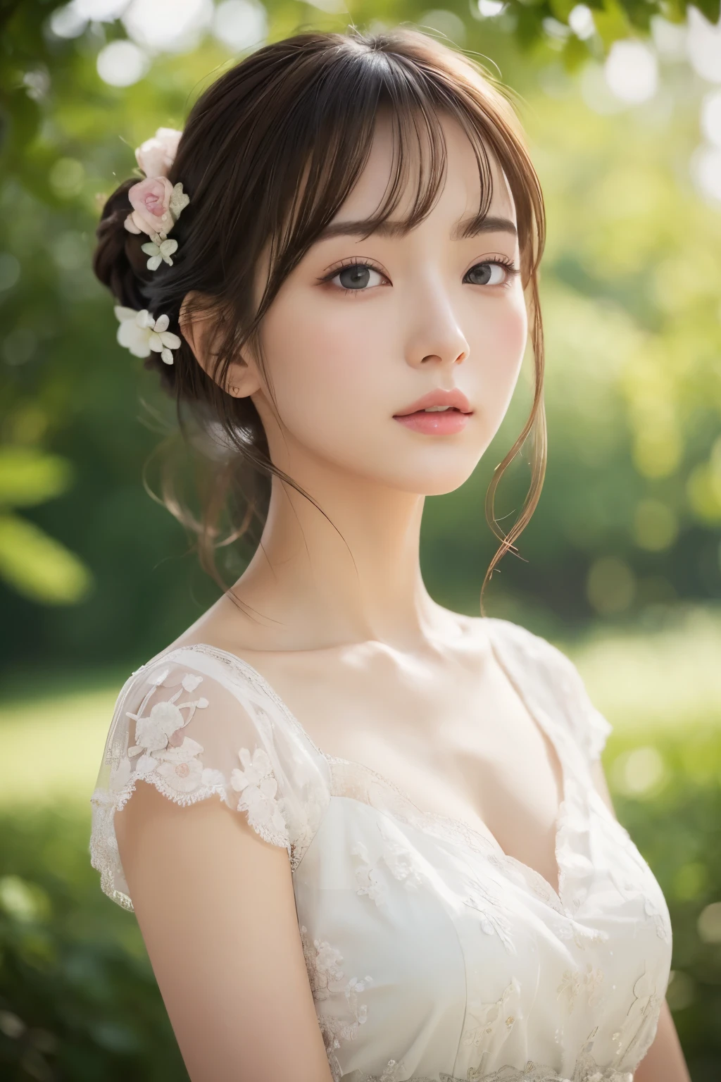 focus on people。Realistically expressing the most dazzling composition of a person。((masterpiece))、(((highest quality)))、((super detailed))、(surreal)、(Highly detailed CG illustration)、(very delicate and beautiful)、The girl is a masterpiece、highest quality、realistic skin feel、realistic fabric、Here is a realistic illustration of a girl with realistic and super detailed eyes, centered on the front..。this is the absolute rule, And the next sentence describes the image quality。 The greatest painter in human history meets unparalleled beauty、This is the greatest masterpiece in the history of Inukui Ichigo., The most beautiful portrait of her life.。 Create stunning anime artwork that's currently trending with seaStation、Showcasing exquisite beauty and captivating aesthetics。hair tied up、White peasant dress with detailed floral embroidery、The background is outdoors