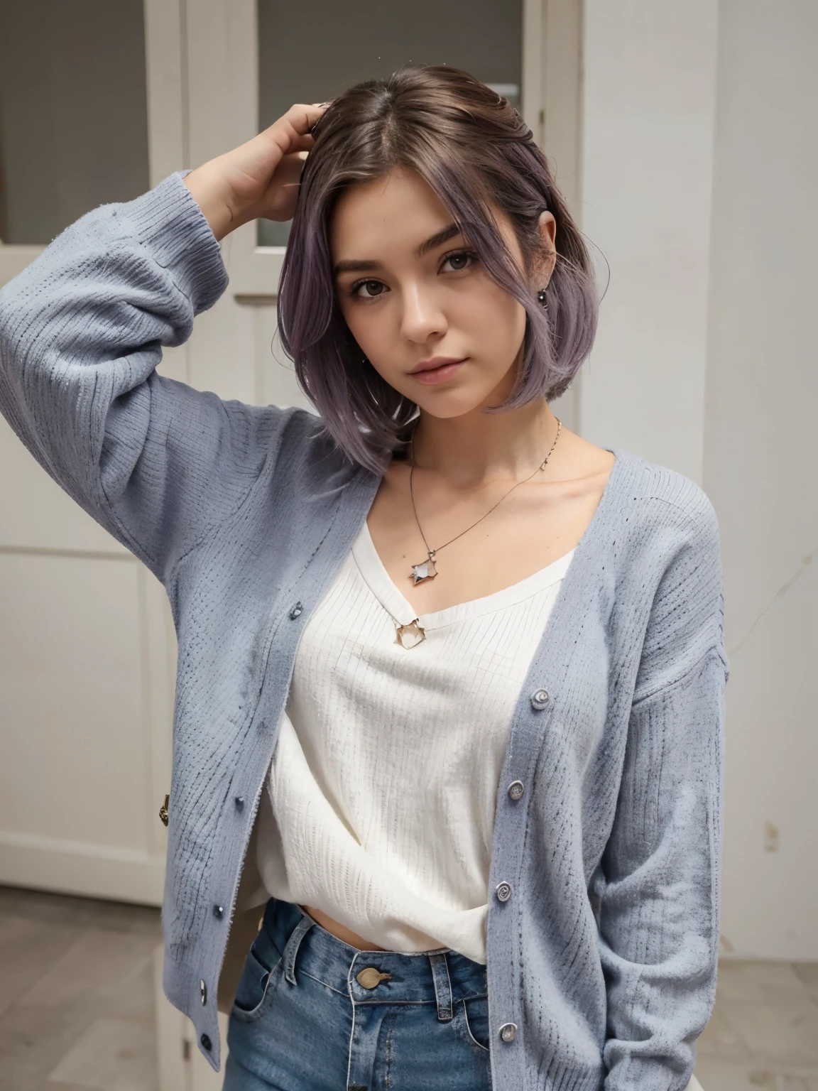 Chico estilo anime de pelo blanco con las puntas del cabello de color aguamarina, con vestimenta casual, a greyish-purple jumper without a clasp and a white star necklace
