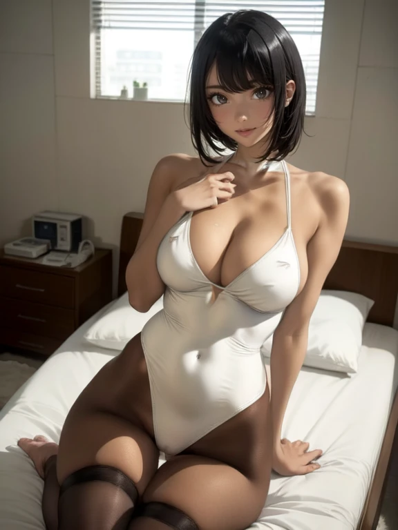 top-quality、Full limbs、complete fingers、1 beautiful woman,mole under eye、、sweat、Slender beauty、straight haired、Brown hair、((white Nurse Leotard、very skinny))、cleavage、White pantyhose、hospitals、Hospital Room、on Patient bed、(condom:1.0)、vulgarity、spoken heart、(tan:1.6)、(from side:0.8),(looking at camera:1.4),