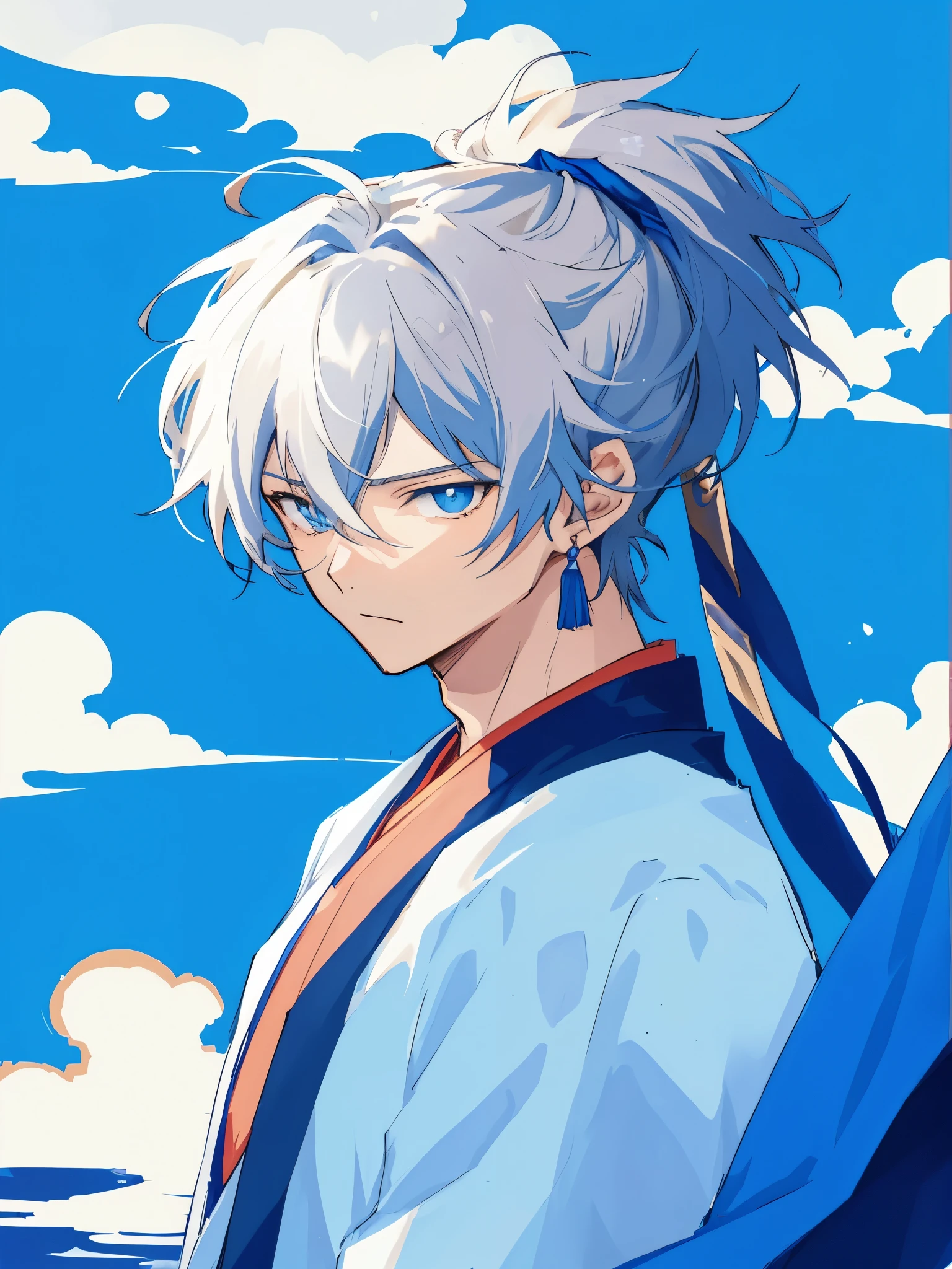 Anime boy with white hair and blue eyes standing in front of the blue sky, White hair deity, 2D anime style, White hair, Tall anime character with blue eyes, Male anime characters, young anime man, anime style 4k, anime boy, Male anime style, Handsome guy in the art of slaying demons, Hajime Yatate, White-haired