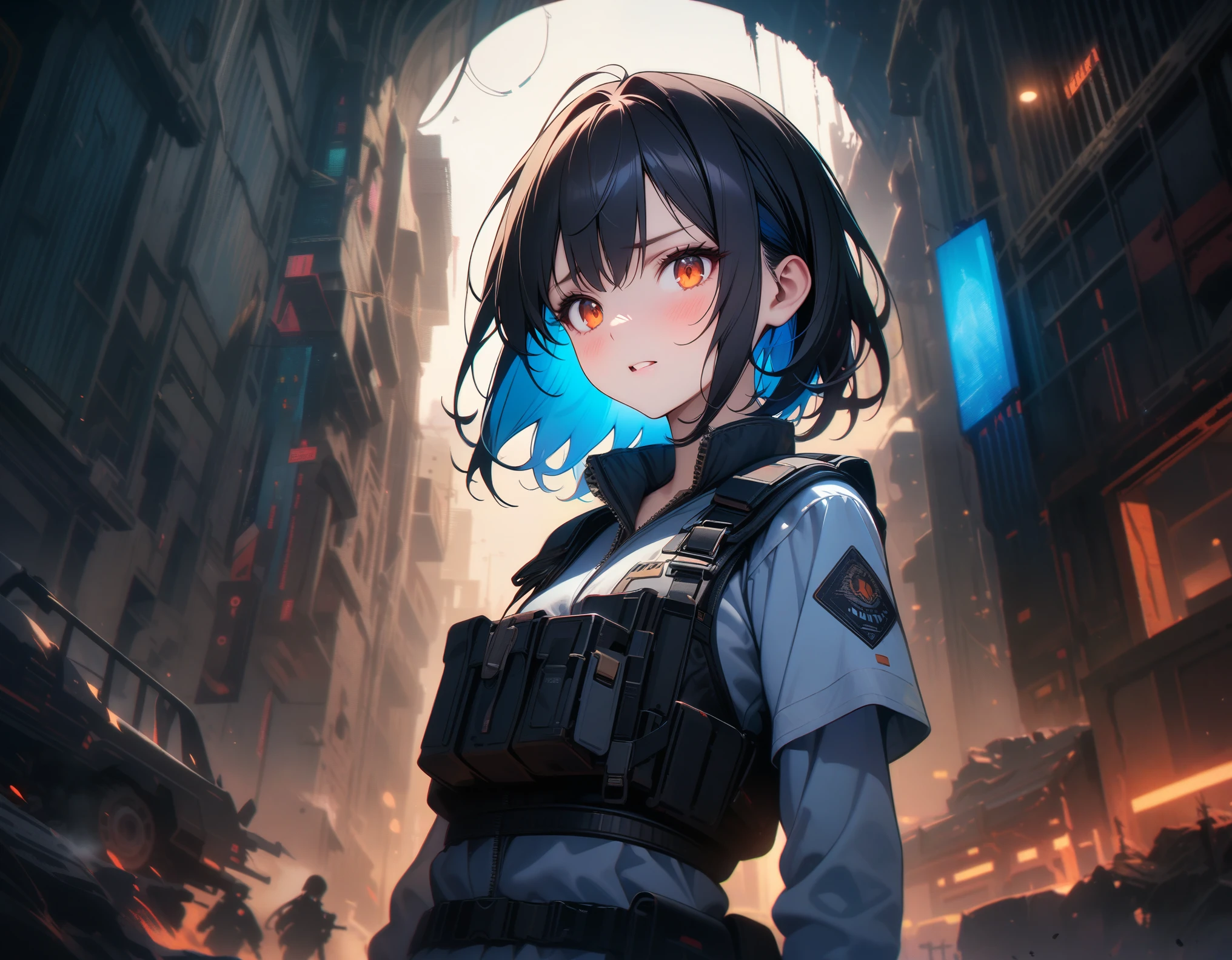 ((masterpiece, best quality, ultra-detailed, an extremely delicate and beautiful)), ((extremely detailed CG unity 8k wallpaper)), ((award winning, ccurate, UHD, textured skin, chromatic aberration, perfect anatomy, Fujicolor)), (concept art), ((((Post-apocalyptic fiction)))), 1 young girl searching into the ruin at evening, small small breasts, short body, young sister taste, jet black short hair with inner blue color, orange eyes, nervous face, wearing bulletproof vest, dimly dark room, holding her gun