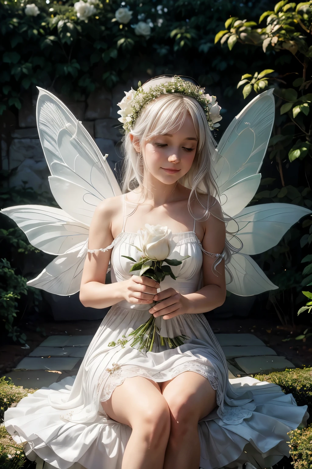 a ultra cute mythical fairy sitting inside of a ultra white rose bud, white rose garden, white rose, white mock orange bush, in a garden, 8k