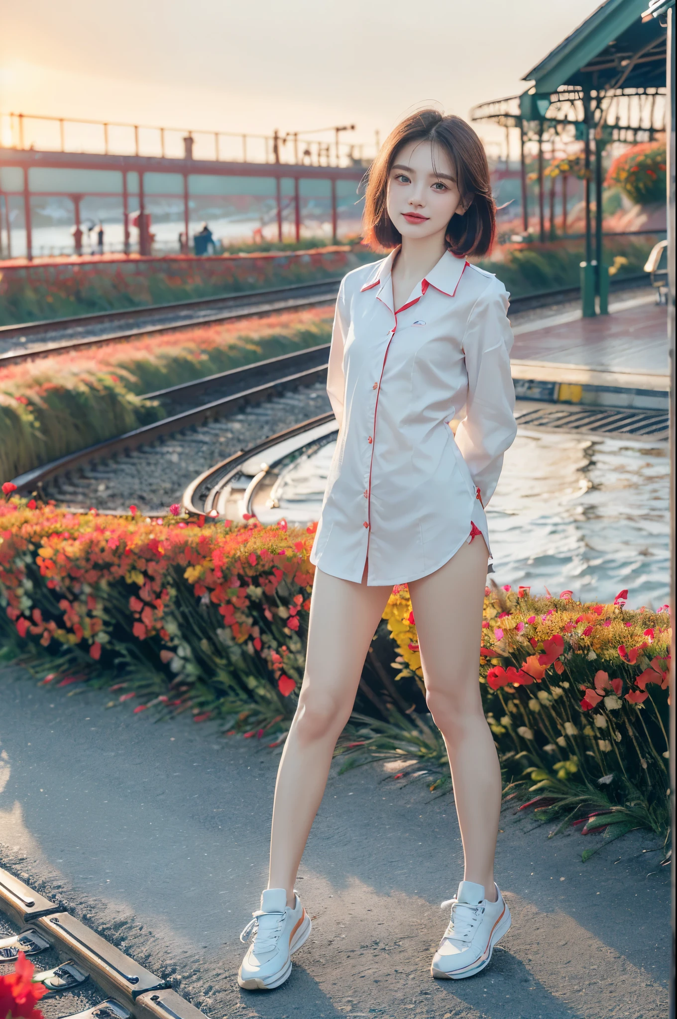 ((((8k))),((Extremely meticulous CG)) ,(wallpaper),16k,((Extremely refined and beautiful)),(((Masterpiece))),(((best qualtiy))),(((Ultra High Resolution))),beautiful light up,realistic shaded,(Smooth and flawless fair skin:1.5),(pale skin:1.3),(Extremely exquisite facial details:1.2),(perfect body:1.1),(ultra-detailed:1.5),((A beautiful girl,solo)),(small head:1.2),(shoulder-length straight bob hair:1.2),(small face:1.2),(baby face:1.3),(Exquisite makeup:1.2),(small breasts:1.2),(flat chests:1.2),((slim,thin)),(laughing:1.2),(happy:1.2),(collared shirt:1.3),(long sleeves:1.2),(underwear:1.2),(slender legs:1.3),(sneakers:1.2),(day scene:1.2),(cloudy:1.2),(light rain:1.2),(outdoor:1.2),(early spring:1.2),(At the seaside train station full of red flowers:1.5),(On the platform:1.2),(colorful train:1.3),(detailed seaside background:1.5),(standing:1.3),(arms behind back:1.3),(full body:1.3),(from front:1.3),(from below:1.2)