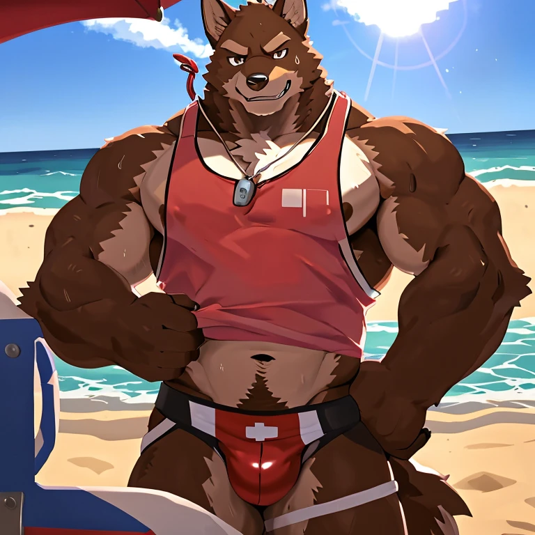 POV,top angle,sleep on stomach,lats,trapezius,butt lift,kemono, anthro (brown dog), male, (brown dog), muscular, back, red body, white belly ,sweat, ((correct anatomy)), stand near lifeguard chair, lifeguard chair, beach, perfect beach background, 1 boy, solo, wearing jockstrap, pain expression, canine tooth, hd, dark shadows, wide dynamic range, hdr, low light:1.2, front view, full body, canid, canine, canis, domesticbrown dog mammal, nordic sled brown dog, fullbody, full res, smile, lifeguard, wearing Tank top, full body, camera under view, full view, whistle