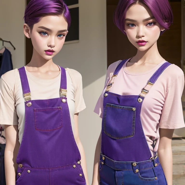 Suspender jeans(masterpiece, best quality:1.2), Very short hair, alone,Purple pink,Rouge light makeup(((Short inches)))