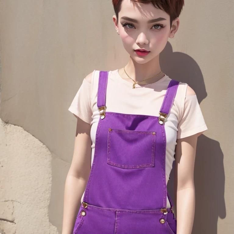 Suspender jeans(masterpiece, best quality:1.2), Very short hair, alone,Purple pink,Rouge light makeup(((Short inches)))