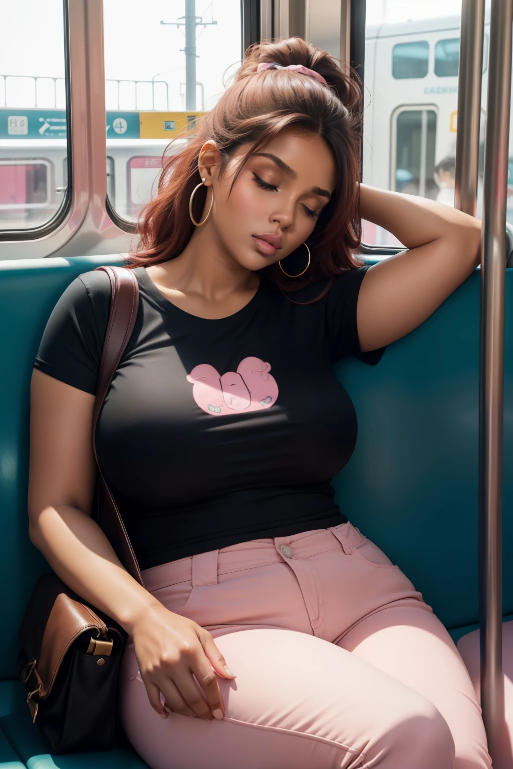 1 beautiful woman, big body, chubby, curvy, brown lady, brown skin; 40-year-old woman, eyes closed, dark-haired woman, mole near the lips, face with makeup, eyelids outlined with makeup, long eyelashes, short ponytail, red hair at the ends, eyelids with makeup, eyelids outlined with makeup, zero-sleeve T-shirt pink color, TURQUOISE PANTS, small earrings in the shape of a HOOP, black bag, asleep with her mouth open, asleep leaning against the train seat, arms down, head down, MOUTH OPEN, head resting on the train window, Lucy Pinder.
