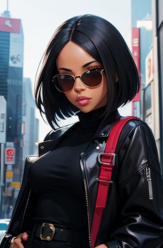 Aaliyah Dana Haughton hip-hop style, short hair, black coat, sunglasses in the city of Japan