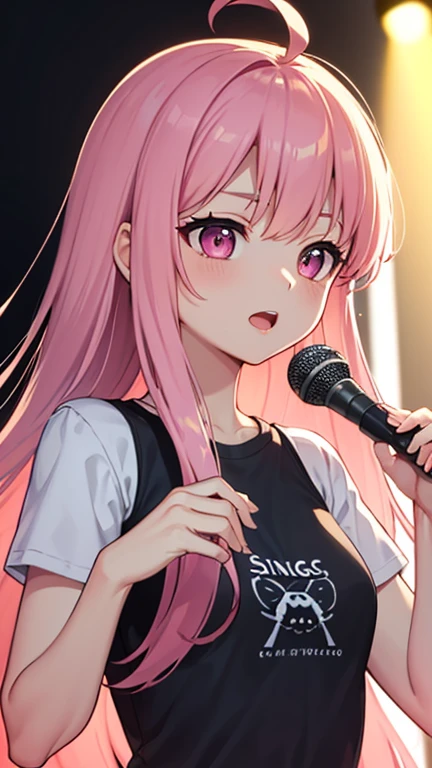 最high quality,very detailed,high quality,Extremely detailed,masterpiece,Super fine,ultra high resolution,超high quality,super delicate face,super realistic,(1 person:1.2)、woman、(Mature:1.5)、pink hair color、long hair、(pink eyes)、small breasts 、slender body, Ahoge、(sing:1.3), perfect face, beautiful proportions, Hold the microphone to your mouth, Stage Background、T-shirt、jeans、(Upper body close-up:1.3)