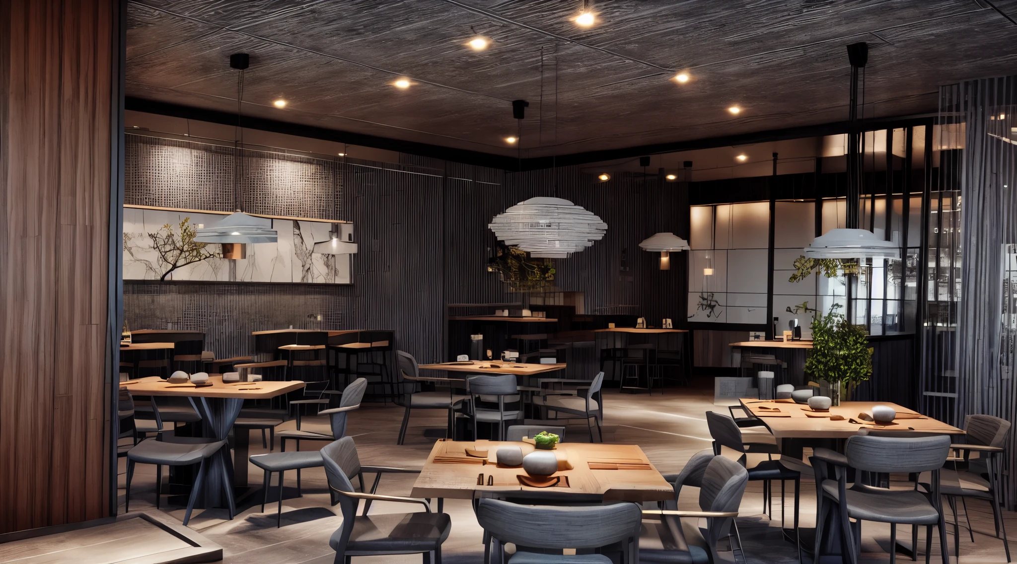 Taiwanese style restaurant, modern, luxurious, high quality image, gray floor tiles,
