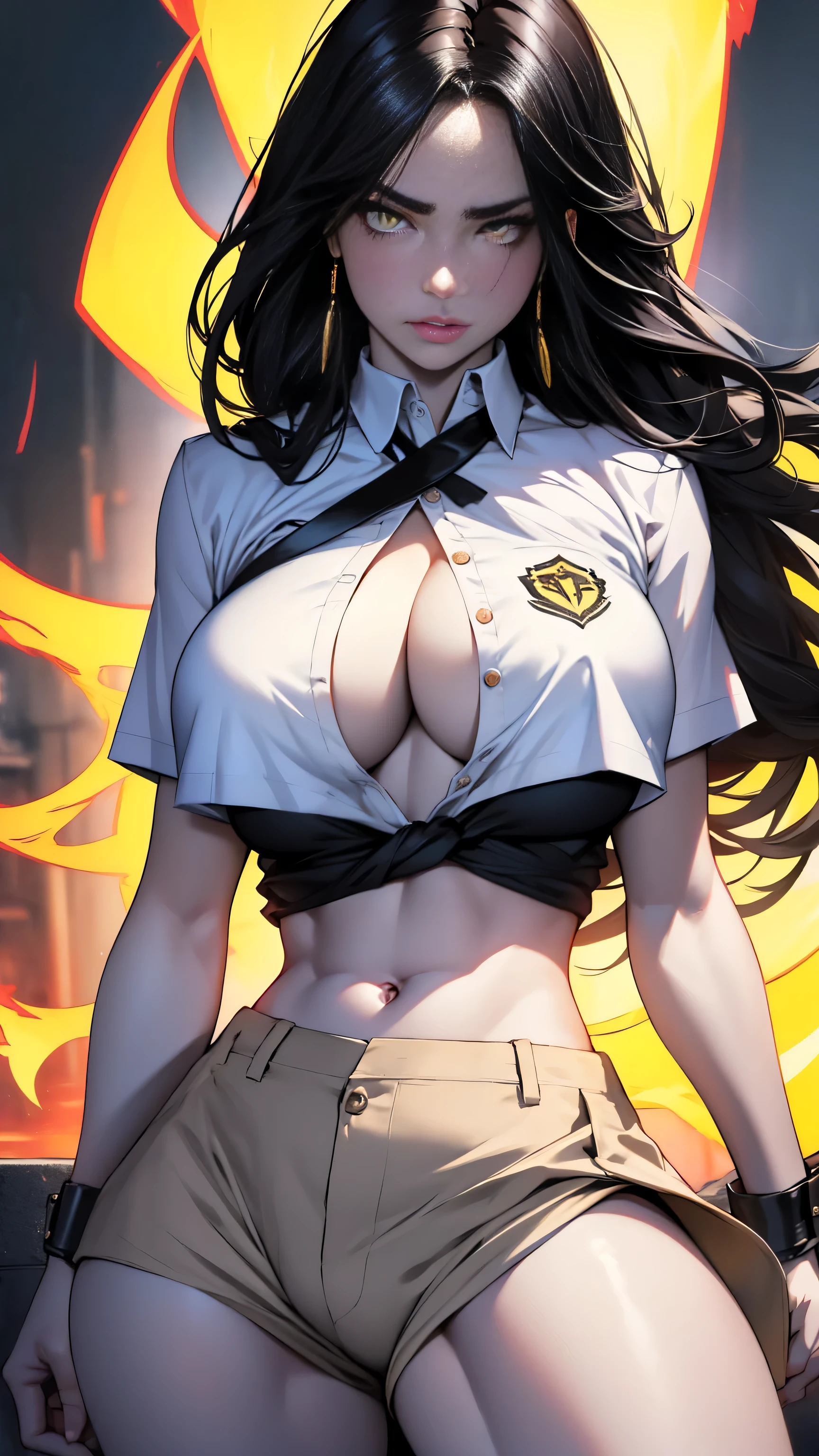 black hair, extremely long hair, yellow eyes, pale skin, muscular, large DD breasts, thick thighs, mad, Teachers uniform, 1 waifu woman, crop top shirt, shirt knotted from bottom, open shirt, no bra, flat stomach, busty, pouty lips,