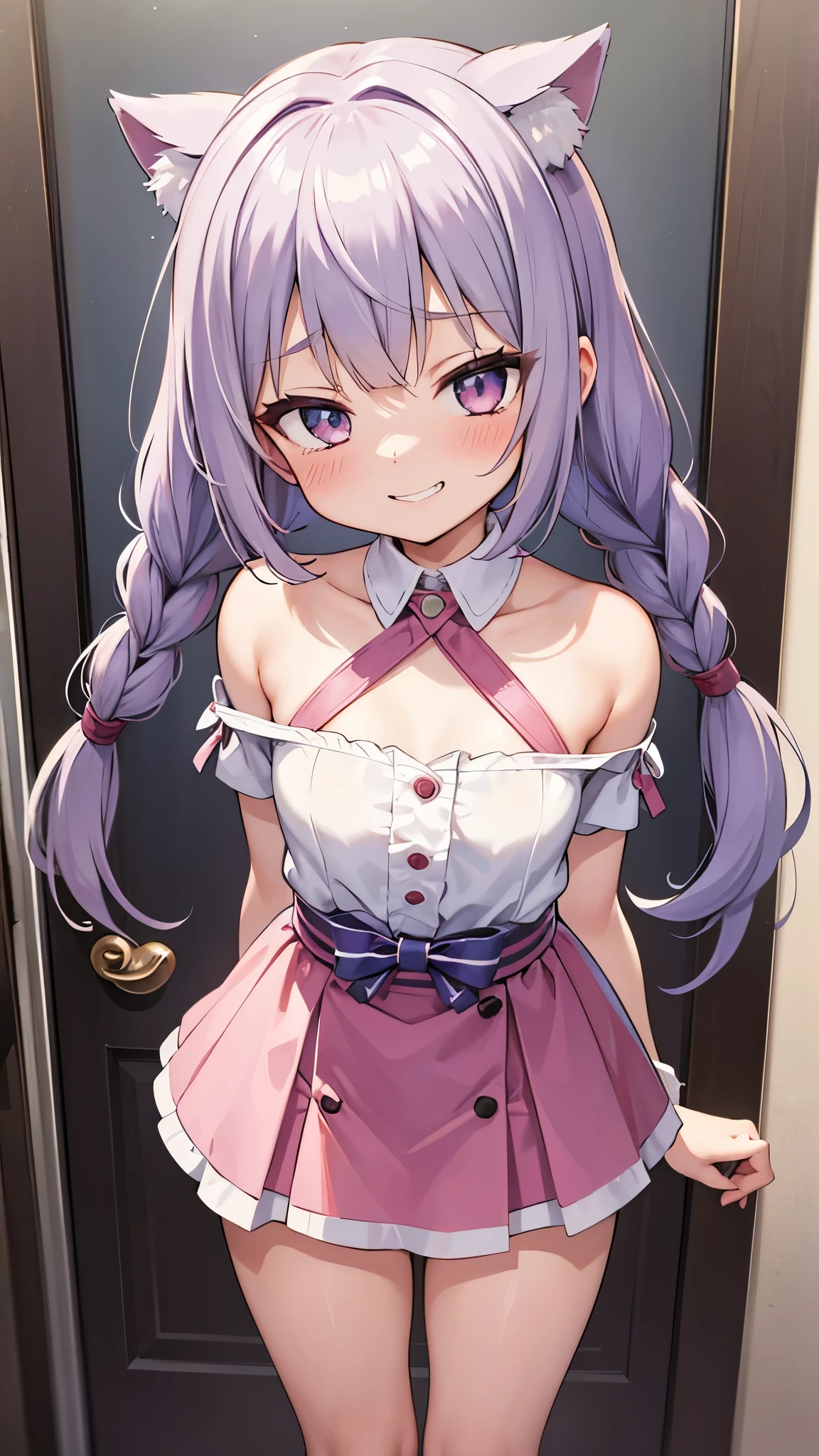 masterpiece, best quality, highres, 1girl twintails twin braids hair ornament demon horns crown china very short drees, smile, very open legs, very sexy, random angle, firm breasts, escote muy amplio , ropa desabrochada, imagen sin censura, nsfw, very hot girl, es una puta!, ((clothing almost transparent like air, se aprecia el cuerpo desnudo tras la ropa, se ve su vagina)) randon angle view