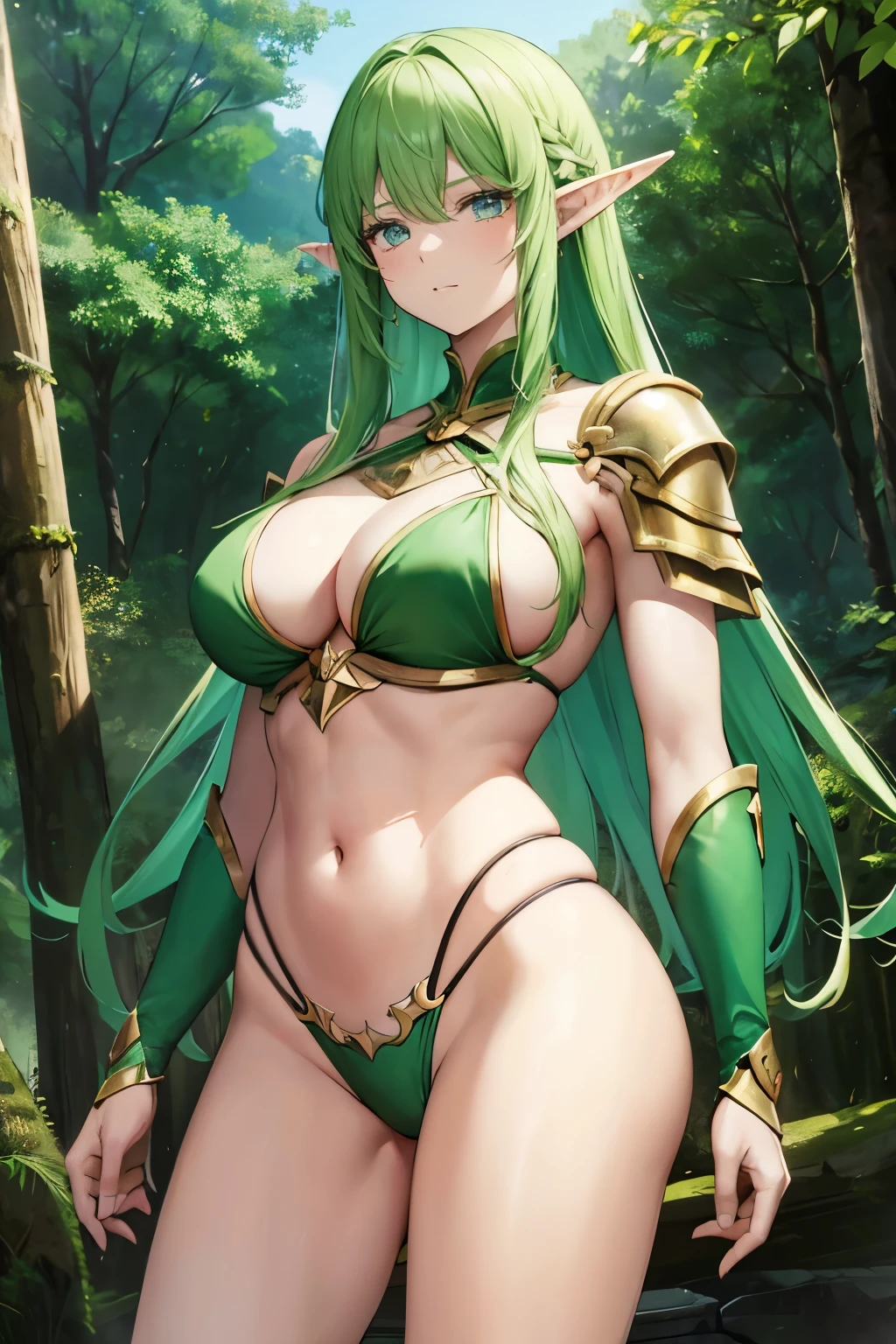 Xanthippe,a woman,女Elf,Elf,pointed ears,green hair,bikini armor,Iron armor,Rangeghter,female general,Strong body,Strong muscles,In the middle of the forest