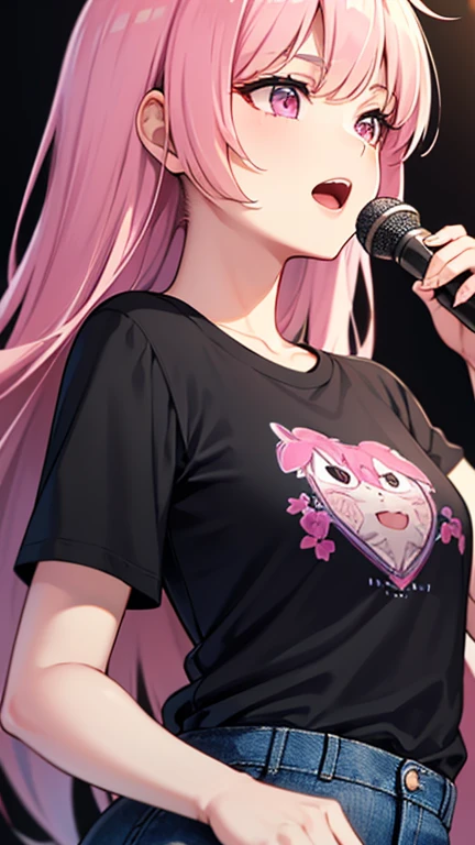 最high quality,very detailed,high quality,Extremely detailed,masterpiece,Super fine,ultra high resolution,超high quality,super delicate face,super realistic,(1 person:1.2)、woman、(Mature:1.5)、pink hair color、long hair、(pink eyes)、small breasts 、slender body, Ahoge、(sing:1.3), perfect face, beautiful proportions, Hold the microphone to your mouth, Stage Background、T-shirt、jeans、(Upper body close-up:1.3)