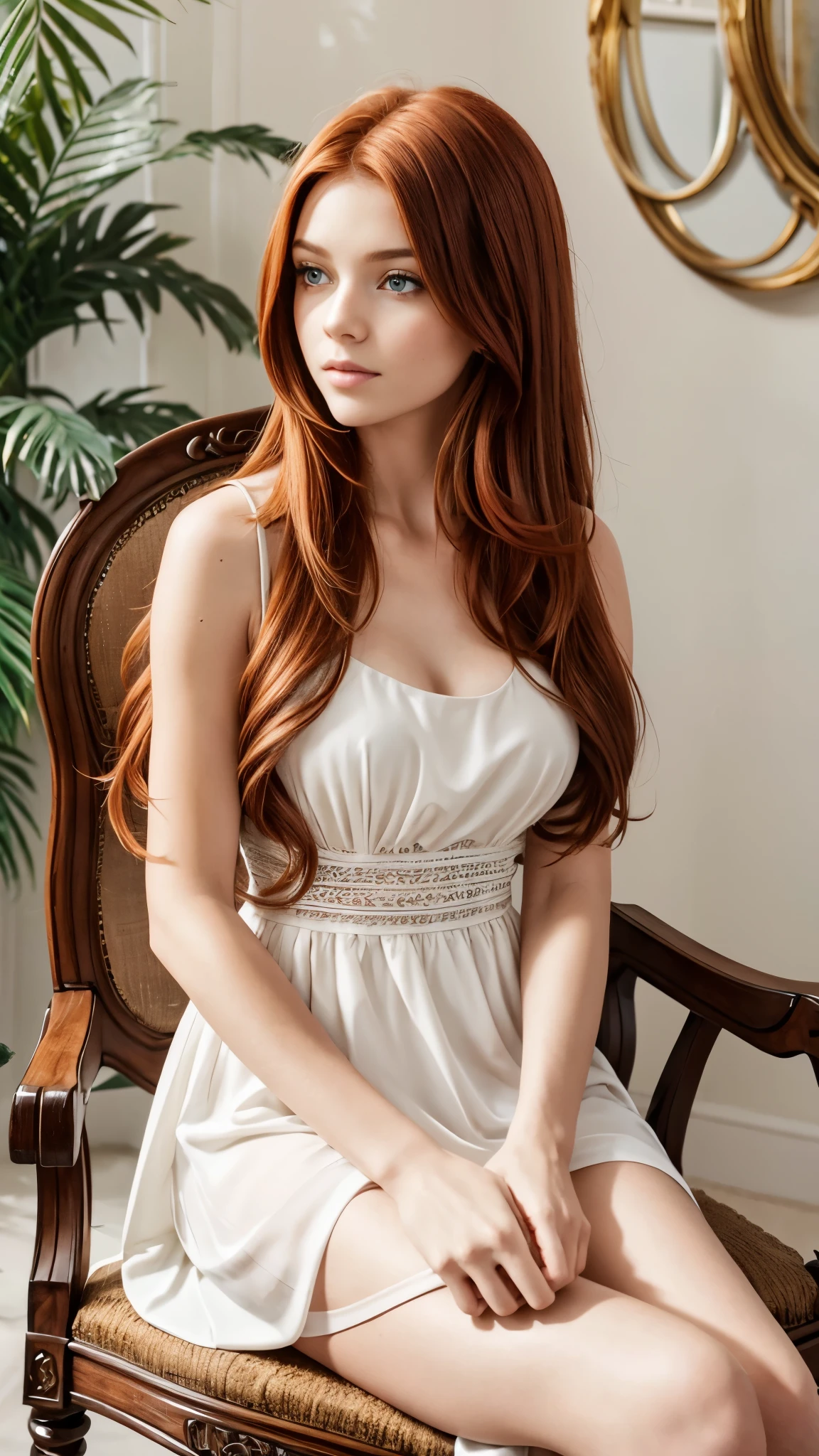 Beautiful redhead girl with brown eyes and long hair wearing white dress sitting on a chair inside stylish room bold photo shoot 