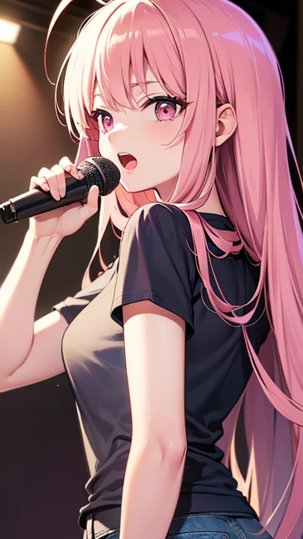 最high quality,very detailed,high quality,Extremely detailed,masterpiece,Super fine,ultra high resolution,超high quality,super delicate face,super realistic,(1 person:1.2)、woman、(Mature:1.5)、pink hair color、long hair、(pink eyes)、small breasts 、slender body, Ahoge、(sing:1.3), perfect face, beautiful proportions, Hold the microphone to your mouth, Stage Background、T-shirt、jeans、(Upper body close-up:1.3)