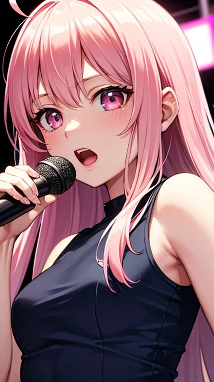 最high quality,very detailed,high quality,Extremely detailed,masterpiece,Super fine,ultra high resolution,超high quality,super delicate face,super realistic,(1 person:1.2)、woman、(Mature:1.5)、pink hair color、long hair、(pink eyes)、small breasts 、slender body, Ahoge、(sing:1.3), perfect face, beautiful proportions, Hold the microphone to your mouth, Stage Background、T-shirt、jeans、(Upper body close-up:1.3)