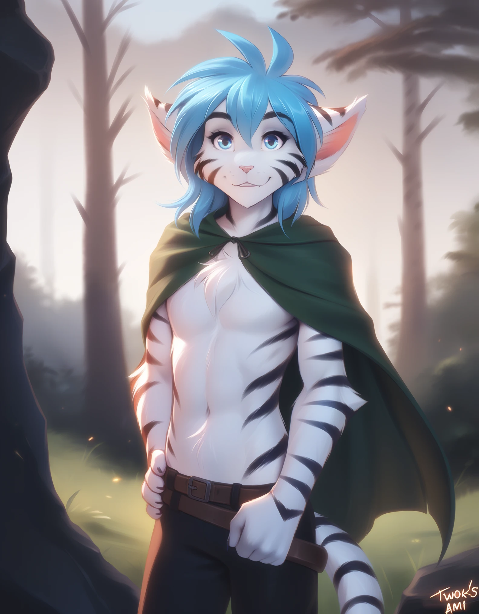 solo, tktigertrace, anthro, keidran, (white fur:1.3), striped fur, white tiger, blue hair, tiger_trace, twokinds, personalami, rating:safe, arm_tuft, breasts, by tom_fischbach,, (best quality, masterpiece:1), solo, furry male anthro, male, 1boy, blue eyes, long hair, tiger tail, portrait, fingers, finger claws, looking at viewer, tiger tail, (outdoors dark forest trees blurry blurred background:1.1), green cape,