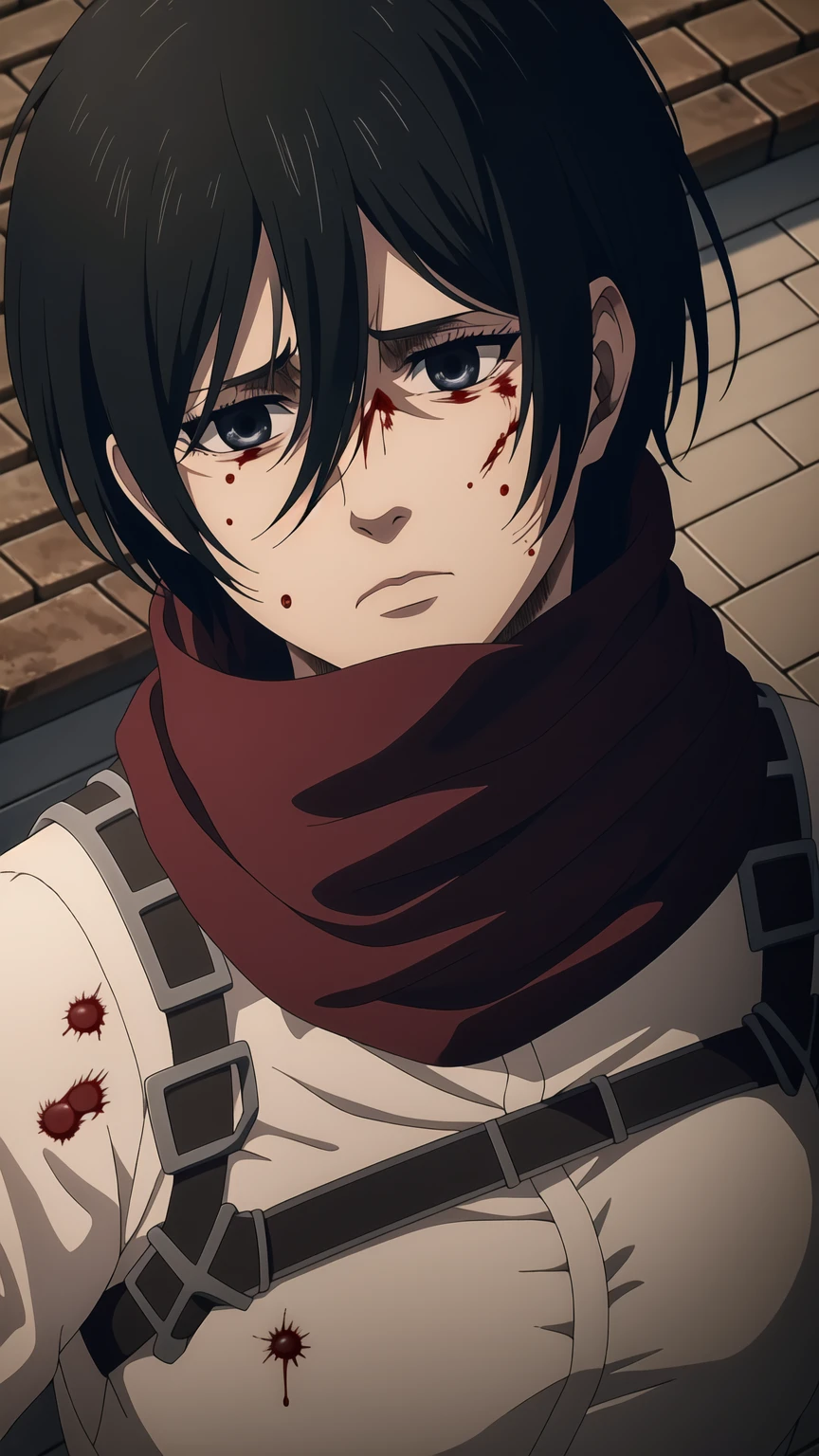 masterpiece, High resolution, realistic, highest quality, 8K, highest quality, Super detailed, cinematic lighting, 1 girl, Mikasa Ackerman, shingeki no kyojin, 1 girl, belt, black hair,, symbol, hair between eyes, cutter shirt, red scarf, scarf, short hair, shout, anger, Are crying, Watery eye, (Blood:1.4), scar, looking at the viewer, auto style,  sword, huge wall, rooftop, portrait, Upper body,