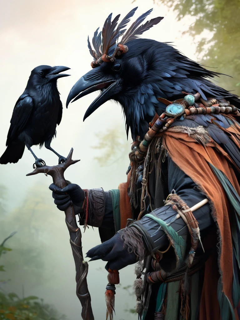 digital painting, fantasy, mythology, anamorphic crow, dressed in druid clothes, with a druid staff, screams in rage, summons powerful forces of nature, magical aura of nature,