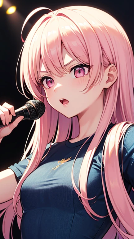 最high quality,very detailed,high quality,Extremely detailed,masterpiece,Super fine,ultra high resolution,超high quality,super delicate face,super realistic,(1 person:1.2)、woman、(Mature:1.5)、pink hair color、long hair、(pink eyes)、small breasts 、slender body, Ahoge、serious face、(sing:1.3), perfect face, beautiful proportions, Hold the microphone to your mouth, Stage Background、T-shirt、jeans、(Upper body close-up:1.3)