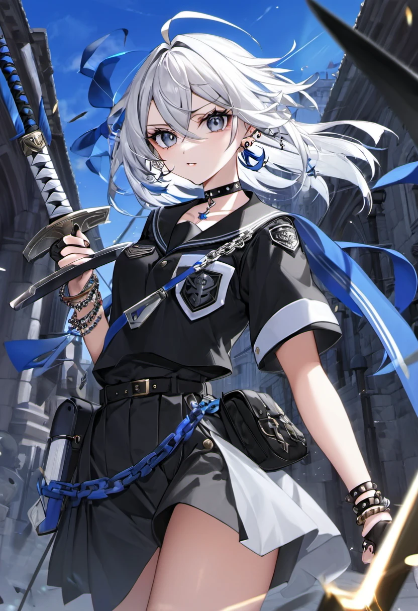 an androgynous person with white MULLET hair her eyes are blue-ish grey, have a lot of titanium piercings and bracelets, wears chain choker, wears a black military uniform, her weapons are knives, spears, and swords. she also wears brass knuckles.
