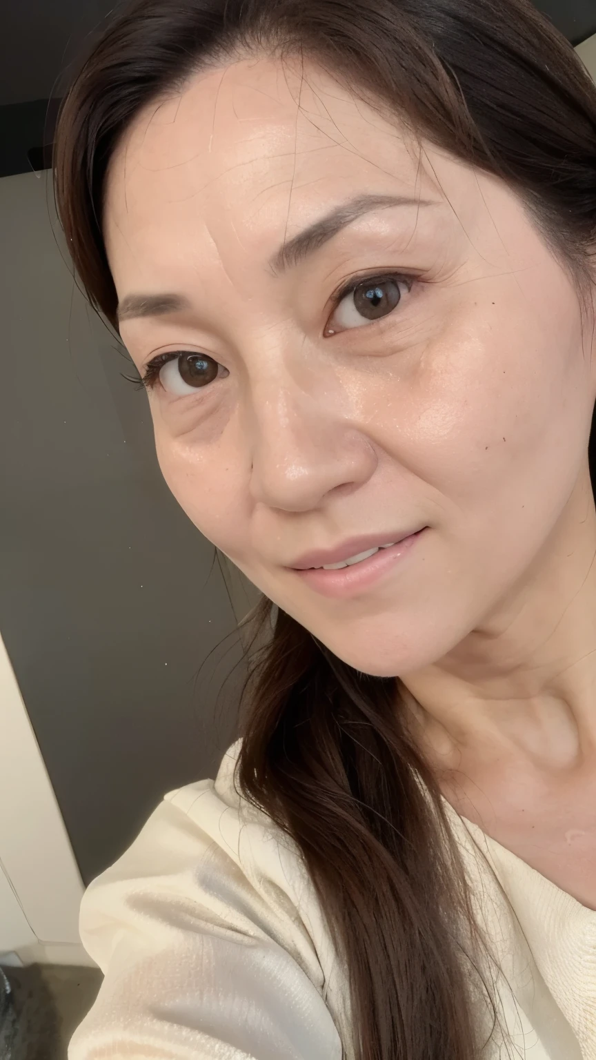 NSFW, ((Top Quality)), ((8K)), ((Masterpiece: 1.3)), (Perfect Appearance), (Photorealism: 1.6),
japanese woman, (58 years old), ((Realistic skin texture 1.8)), (Fine wrinkles throughout the skin: 1.3), (Dull skin: 1.1), (Skin without moisture: 1.2) , (Wrinkles on the face: 0.9), (Wrinkles on the corners of the eyes: 1.2), Double eyelids, tear bags on the lower eyelids, (Crying moles: 0.9), The eyes are looking here, serious gaze, (Dimples: 1.2), gentle smile, The eyes are looking here, long hair, soft fabric blouse, wide sleeves, Cuffs that fit your wrist, (The hem of the blouse is tucked into the skirt: 1.2), flare skirt, high heels, (whole body), low angle,