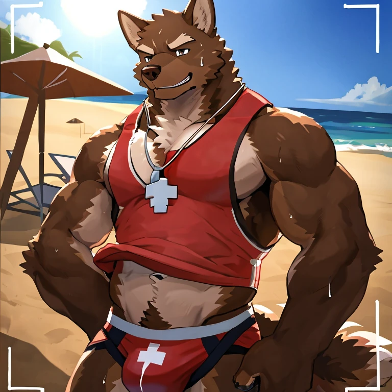 POV,top angle,sleep on stomach,lats,trapezius,butt lift,kemono, anthro (brown dog), male, (brown dog), muscular, back, red body, white belly ,sweat, ((correct anatomy)), stand near  lifeguard chair,  lifeguard chair, beach, perfect beach background, 1 boy, solo, wearing jockstrap, pain expression, canine tooth, hd, dark shadows, wide dynamic range, hdr, low light:1.2, front view, full body, canid, canine, canis, domesticbrown dog mammal, nordic sled brown dog, fullbody, full res, smile, lifeguard, wearing Tank top, full body, camera view, side view, full view, whistle