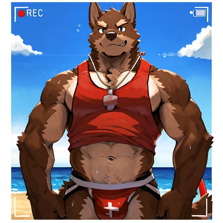 POV,top angle,sleep on stomach,lats,trapezius,butt lift,kemono, anthro (brown dog), male, (brown dog), muscular, back, red body, white belly ,sweat, ((correct anatomy)), stand near lifeguard chair, lifeguard chair, beach, perfect beach background, 1 boy, solo, wearing jockstrap, pain expression, canine tooth, hd, dark shadows, wide dynamic range, hdr, low light:1.2, front view, full body, canid, canine, canis, domesticbrown dog mammal, nordic sled brown dog, fullbody, full res, smile, lifeguard, wearing Tank top, full body, camera view, side view, full view, whistle